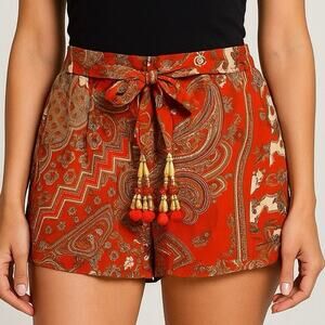 Bohemian Red Paisley Patchwork Shorts with Tassel Bead Accents Festival Style